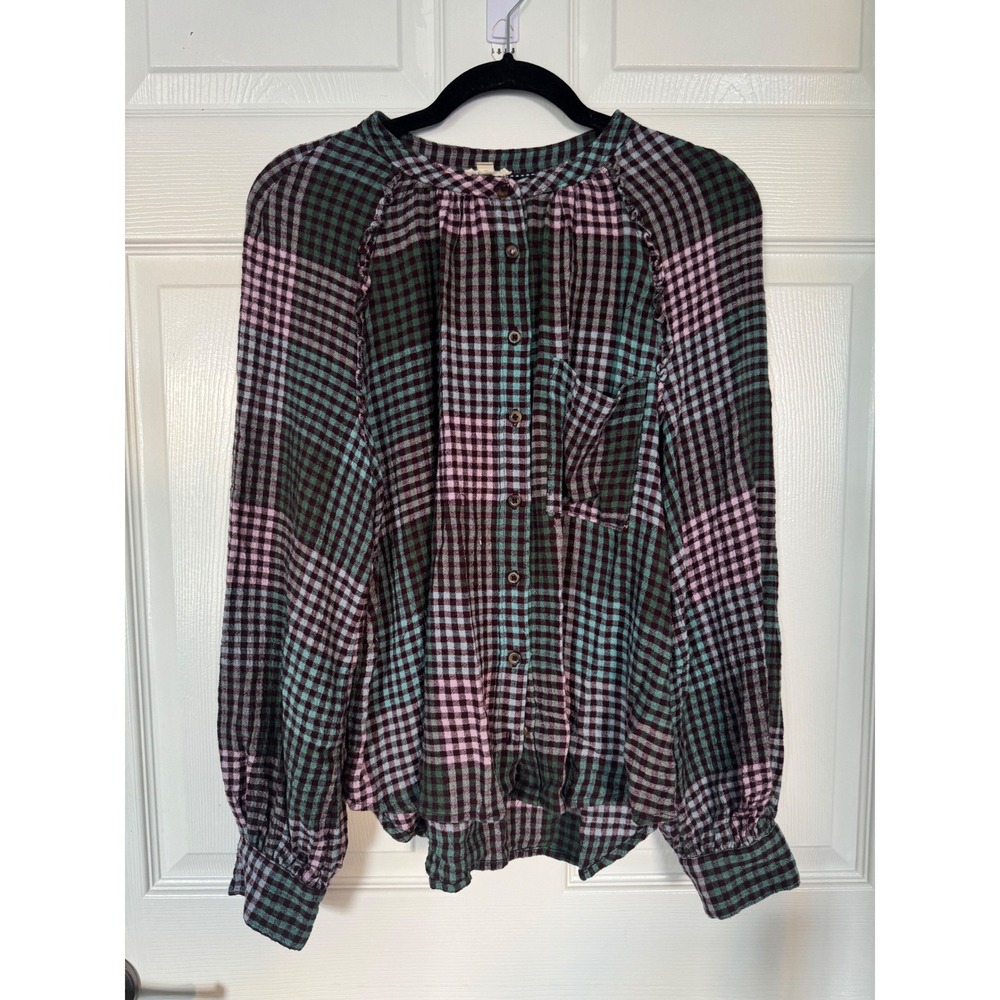 Pilcro Anthropologie Gingham Plaid Ruffle Button Down Blouse Purple Teal Medium